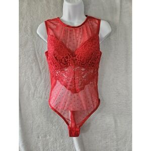 INC International Concepts Medium Red Cupped Lace Swiss Dot Thong Bodysuit Sheer